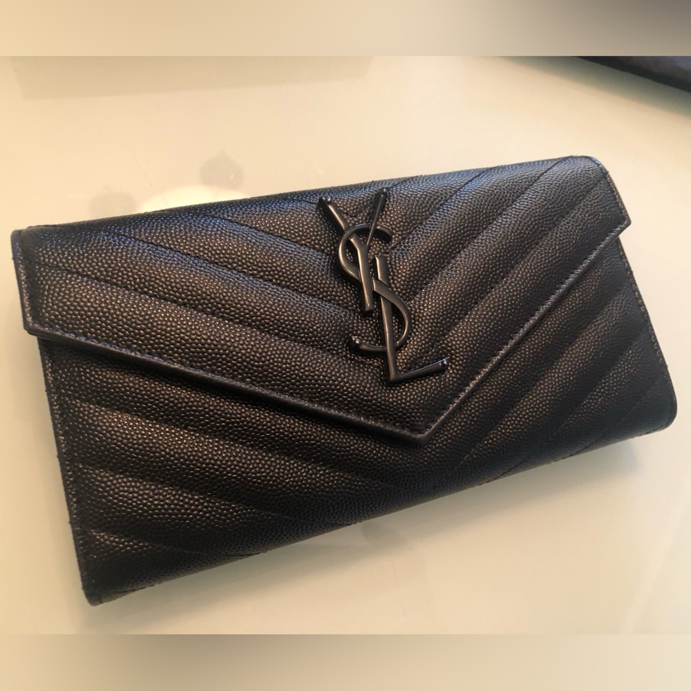 Saint Laurent YSL Monogram Large Flap Wallet in Grained Leather Black/Black